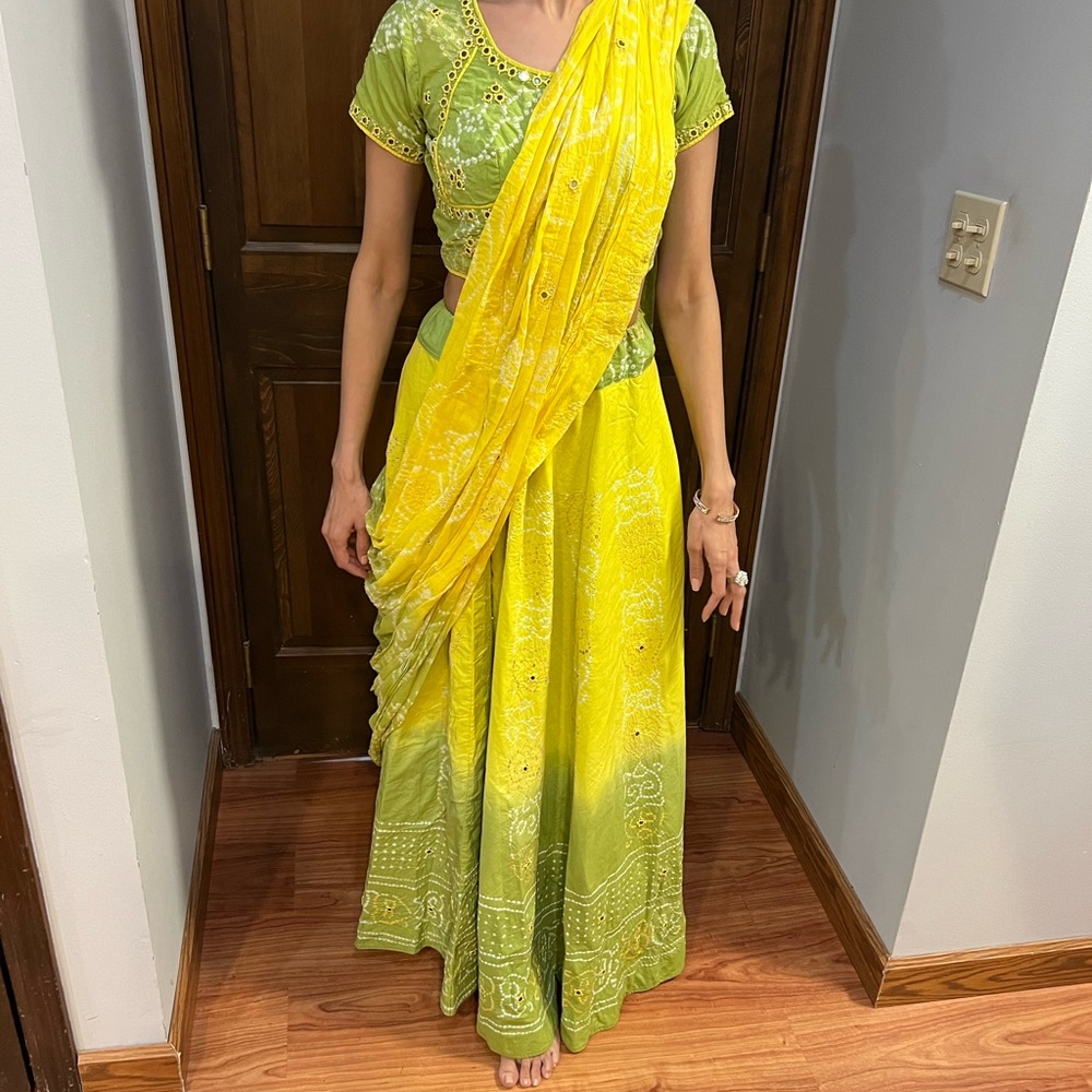 Green and Yellow Bandhani Lehenga Set - Elegant Women's Ethnic Wear